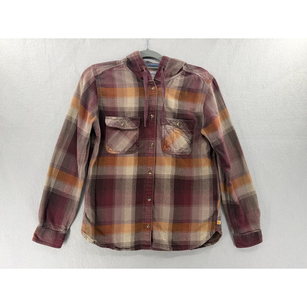 Carhartt Beartooth Flannel Shirt Womens M 8/10 Burgundy Button Hooded Shacket